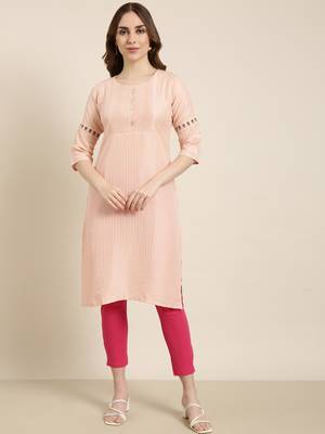 women's knee length round neck peach striped straight kurta 2