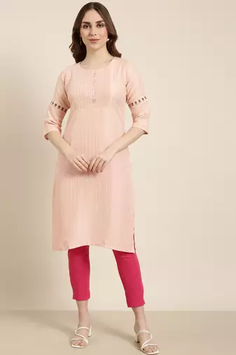 women's knee length round neck peach striped straight kurta