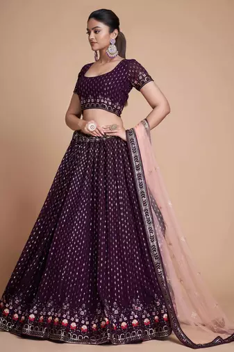 purple embroidery georgette lehenga set choli with dupatta
