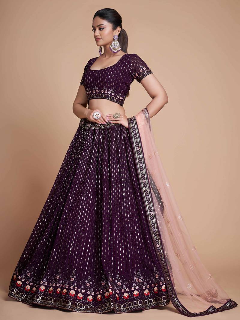 Glamorous Purple Embroidery Georgette Designer Lehenga Choli