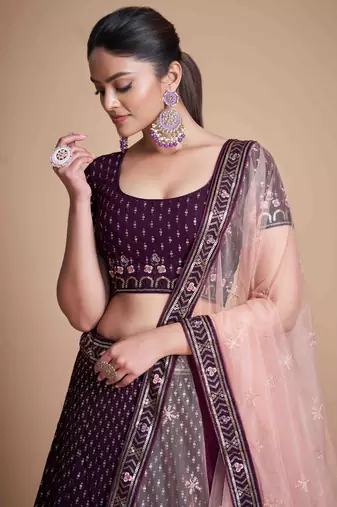 purple embroidery georgette lehenga set choli with dupatta