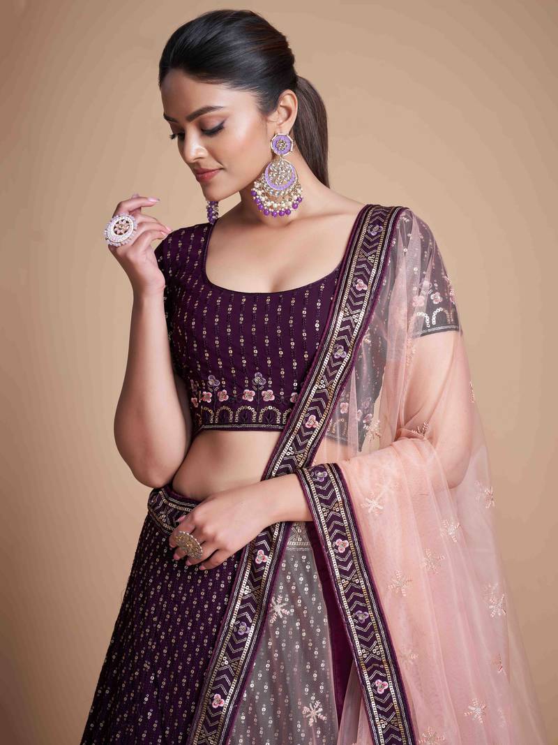 Glamorous Purple Embroidery Georgette Designer Lehenga Choli