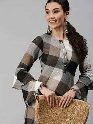 Showoff women's ankle length mandarin collar multi checked a-line kurta 1