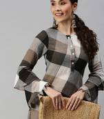 Showoff women's ankle length mandarin collar multi checked a-line kurta