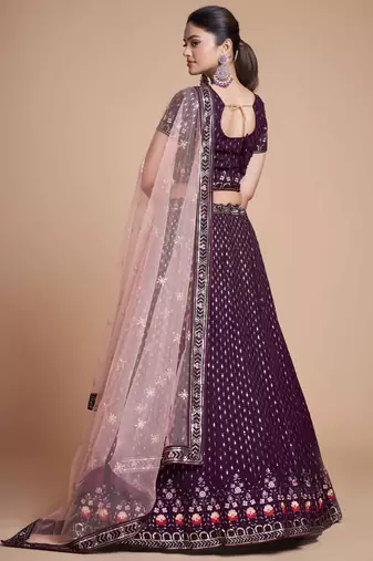 purple embroidery georgette lehenga set choli with dupatta