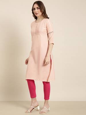 women's knee length round neck peach striped straight kurta 3
