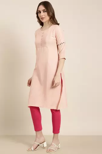 women's knee length round neck peach striped straight kurta