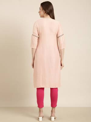 women's knee length round neck peach striped straight kurta 4