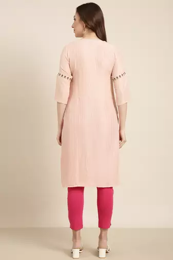 women's knee length round neck peach striped straight kurta