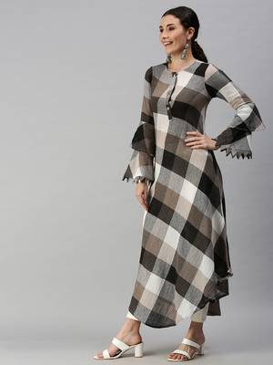 Showoff women's ankle length mandarin collar multi checked a-line kurta 2