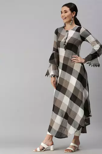 Showoff women's ankle length mandarin collar multi checked a-line kurta