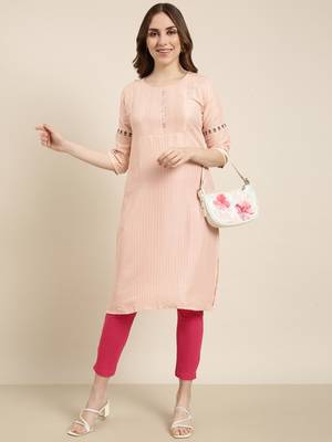 women's knee length round neck peach striped straight kurta 5