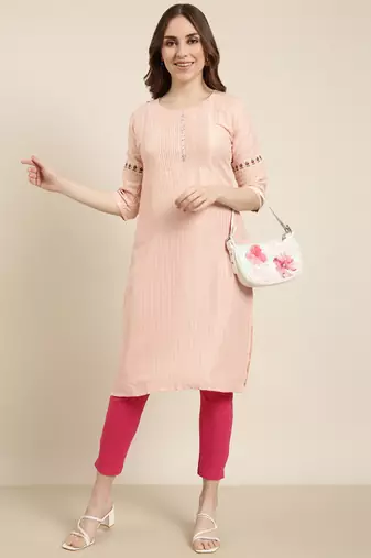 women's knee length round neck peach striped straight kurta