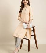 women's calf length round neck peach solid straight kurta
