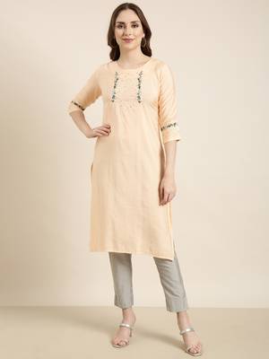 women's calf length round neck peach solid straight kurta 2