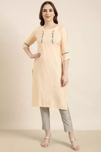 women's calf length round neck peach solid straight kurta
