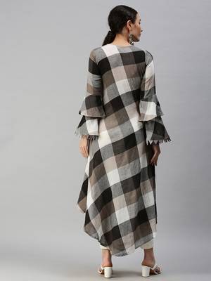 Showoff women's ankle length mandarin collar multi checked a-line kurta 3