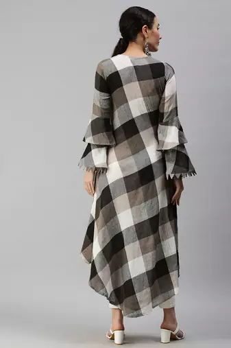 Showoff women's ankle length mandarin collar multi checked a-line kurta