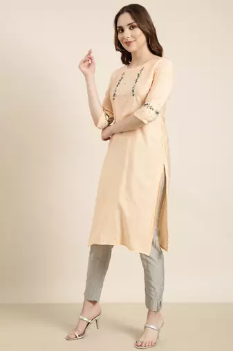 women's calf length round neck peach solid straight kurta
