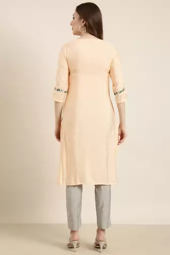 women's calf length round neck peach solid straight kurta