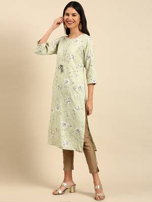 women's calf length round neck green floral straight kurta 4