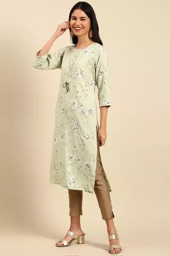 women's calf length round neck green floral straight kurta