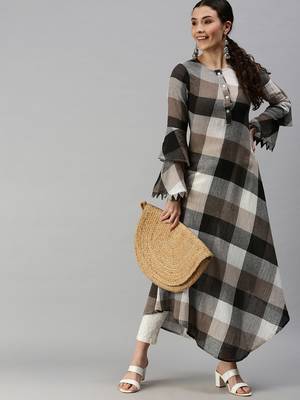 Showoff women's ankle length mandarin collar multi checked a-line kurta 4