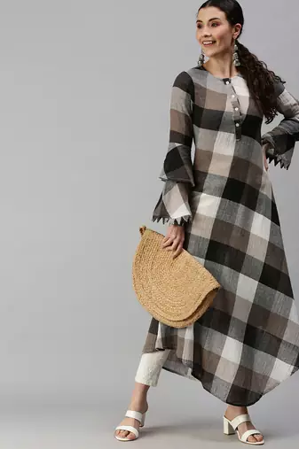 Showoff women's ankle length mandarin collar multi checked a-line kurta