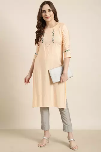 women's calf length round neck peach solid straight kurta