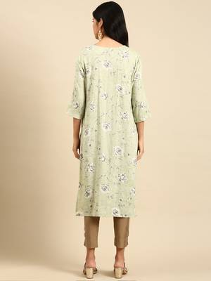women's calf length round neck green floral straight kurta 5