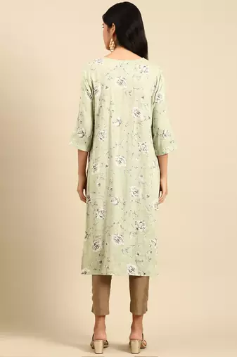 women's calf length round neck green floral straight kurta