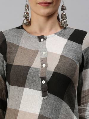 Showoff women's ankle length mandarin collar multi checked a-line kurta 5