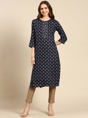 Showoff women's calf length round neck navy blue floral straight kurta 1