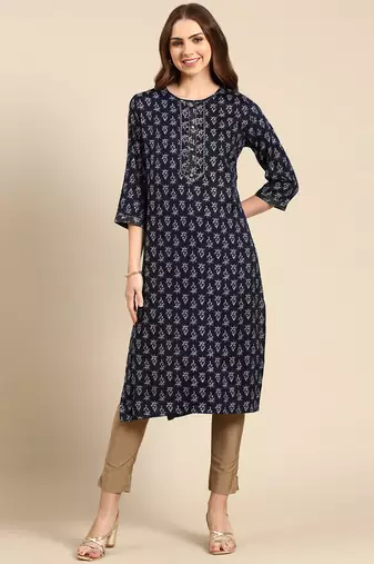 Showoff women's calf length round neck navy blue floral straight kurta