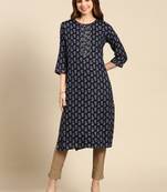 Showoff women's calf length round neck navy blue floral straight kurta