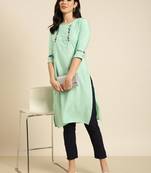 women's calf length round neck sea green solid straight kurta