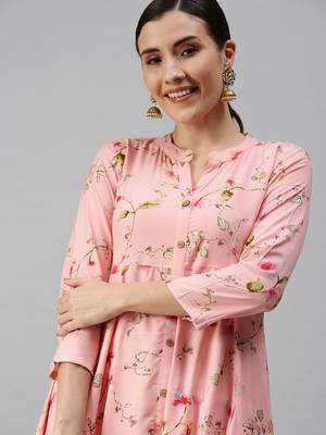 women's ankle length mandarin collar pink floral anarkali kurta 1
