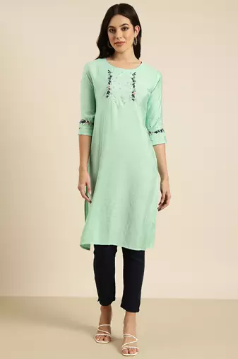women's calf length round neck sea green solid straight kurta