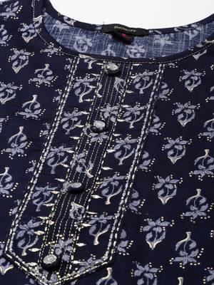 Showoff women's calf length round neck navy blue floral straight kurta 3