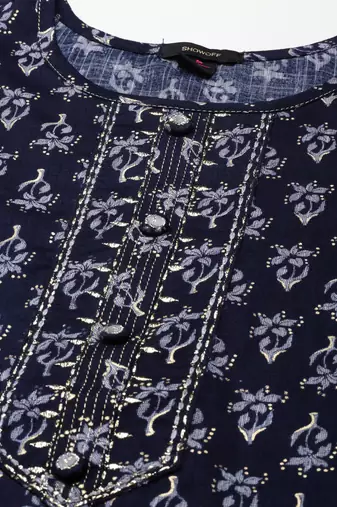 Showoff women's calf length round neck navy blue floral straight kurta