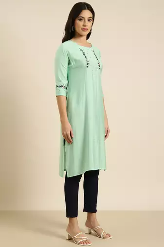 women's calf length round neck sea green solid straight kurta