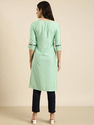 women's calf length round neck sea green solid straight kurta 4