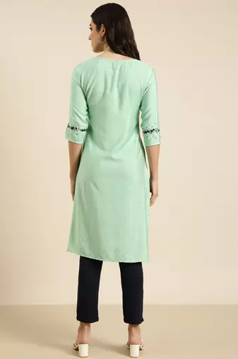women's calf length round neck sea green solid straight kurta