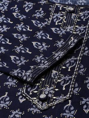 Showoff women's calf length round neck navy blue floral straight kurta 4