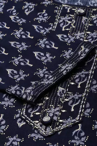 Showoff women's calf length round neck navy blue floral straight kurta
