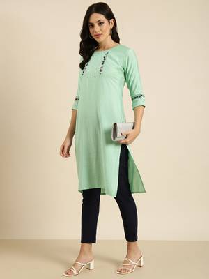 women's calf length round neck sea green solid straight kurta 5