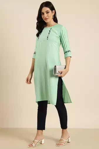 women's calf length round neck sea green solid straight kurta