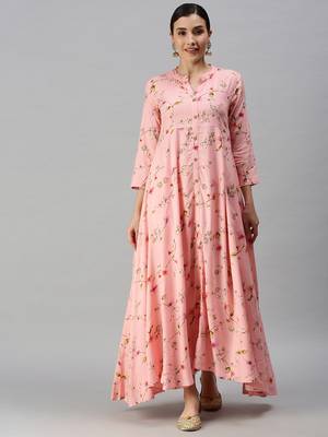 women's ankle length mandarin collar pink floral anarkali kurta 2