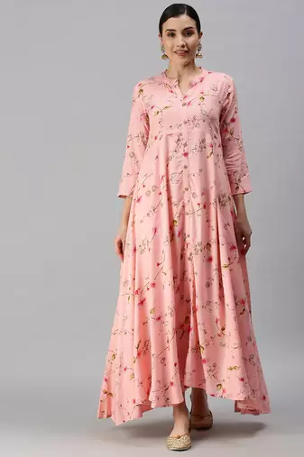 women's ankle length mandarin collar pink floral anarkali kurta