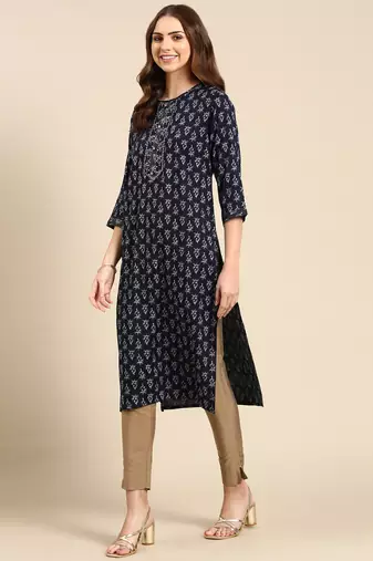 Showoff women's calf length round neck navy blue floral straight kurta